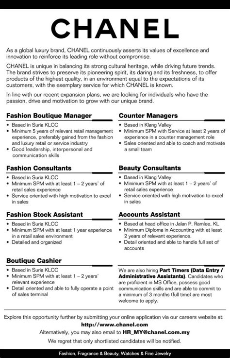 chanel job description|chanel jobs.